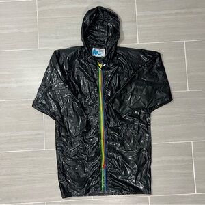 Vtg Slippery When Wet Rain Coat Wipette Women's Sz M Black Vinyl Rainbow Zipper